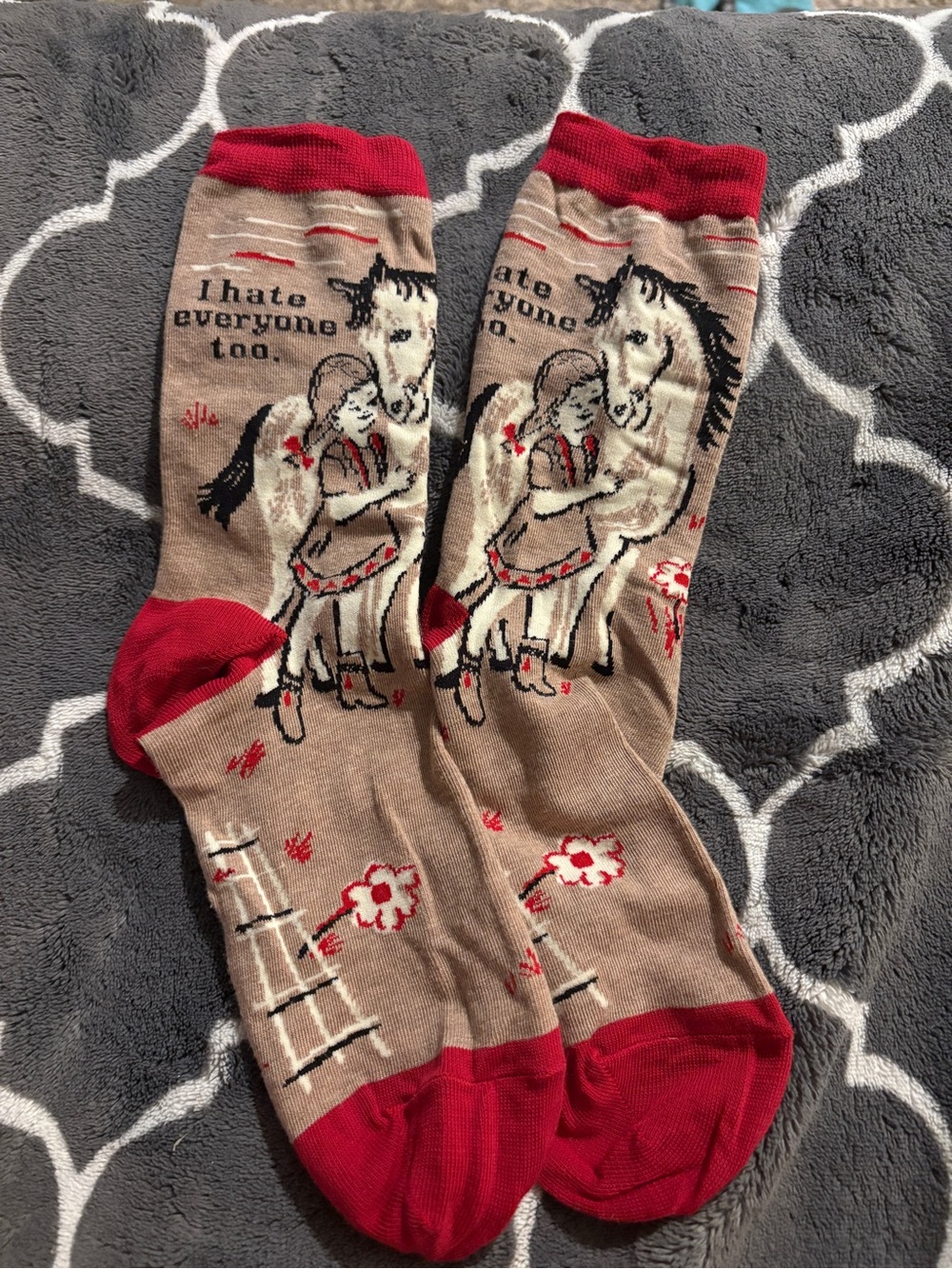Blue Q Beige Crew Socks with Red Accents and Horse & Girl Motif